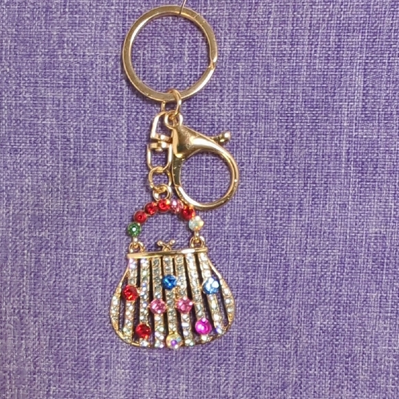 Gold Purse and Multicolor Rhinestone Keychain Bag Charm - Picture 1 of 3